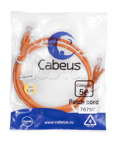 Патч-корд UTP, категория 5e, 1 м, неэкранированный, оранжевый Cabeus PC-UTP-RJ45-Cat.5e-1m-OR в Коврове Патчкорды (медные) Pintop.ru