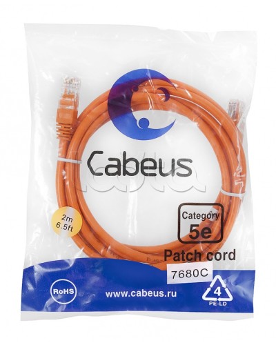 Патч-корд UTP, категория 5e, 2 м, неэкранированный, оранжевый Cabeus PC-UTP-RJ45-Cat.5e-2m-OR в Коврове Патчкорды (медные) Pintop.ru