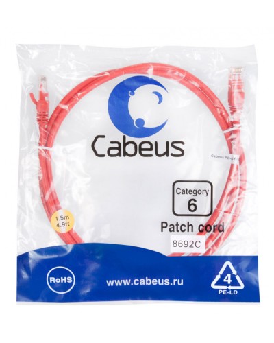 Патч-корд UTP, категория 6, 1.5 м, неэкранированный, красный Cabeus PC-UTP-RJ45-Cat.6-1.5m-RD в Коврове Патчкорды (медные) Pintop.ru