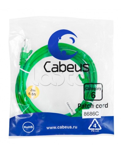 Патч-корд UTP, категория 6, 2 м, неэкранированный, зеленый Cabeus PC-UTP-RJ45-Cat.6-2m-GN в Коврове Патчкорды (медные) Pintop.ru