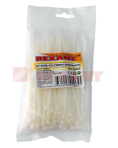 Хомут-стяжка нейлоновый 4х150 мм белый (100шт/уп) REXANT 07-0150-4 в Коврове Стяжки-хомуты Pintop.ru