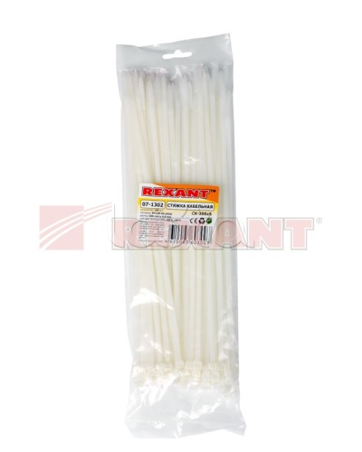 Хомут-стяжка нейлоновый 5х300 мм белый (100шт/уп) REXANT 07-1302 в Коврове Стяжки-хомуты Pintop.ru