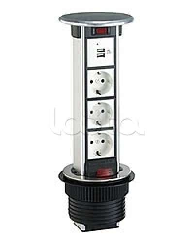 Блок розеточный встраеваемый в стол, 4 поста (45х45) IP54, с выключателем нагрузки (алюм+нерж.сталь) Экопласт 70334 в Коврове Блоки розеток Pintop.ru